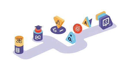 Isometric education path shows learning journey with science and arts icons
