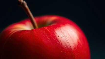 Macro shot of a ripe red apple with stem and water droplets against a dark background