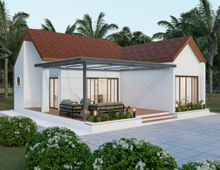 Modern Single-Story House with Terrace and Tropical Landscape