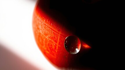 Macro shot of a water droplet on a vibrant red surface with dramatic lighting