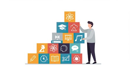 Man Building Pyramid of Knowledge Blocks Represents Education Growth