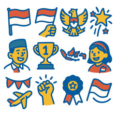 Indonesian Independence Day celebration icons, featuring flags, people, and symbols.