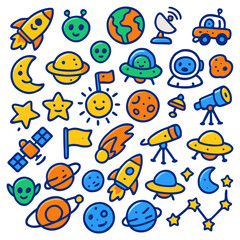 Whimsical cartoon illustration featuring various space-themed elements and characters.