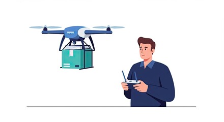 Man controls delivery drone with package vector illustration design