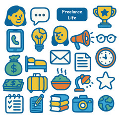 A collection of illustrated icons representing various aspects of freelance work and lifestyle.