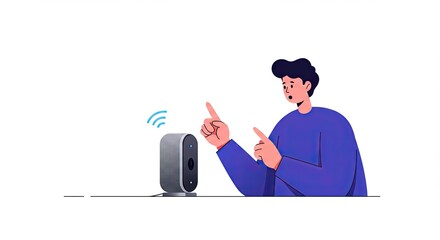 Man interacting with smart speaker technology using voice commands illustration