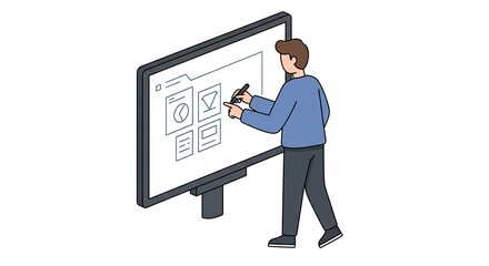 Man pointing at a large interactive display screen with diagrams present