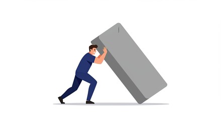 Man pushing heavy block with effort in vector illustration design