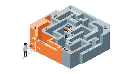 Man solves maze to gain knowledge isometric illustration concept design