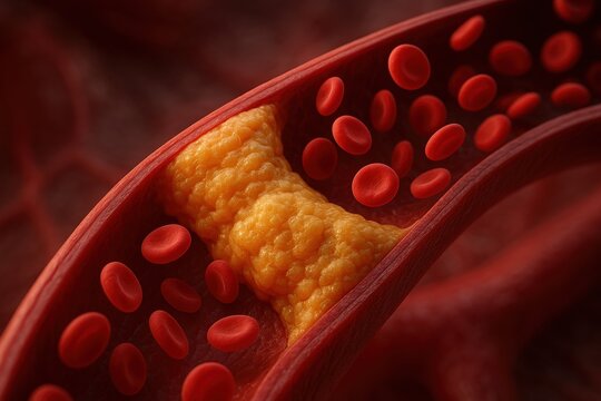 Artery blockage: A close-up image of a blocked artery shows a buildup of plaque obstructing blood flow, capturing the complex dynamics of circulatory health.