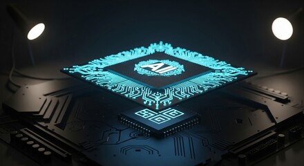 Futuristic AI Chip Technology with Glowing Circuitry and Processors