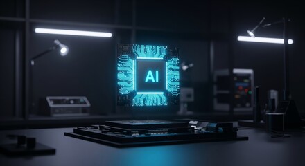 AI Chip Glowing in Futuristic Lab, Digitalization, Artificial Intelligence Concept