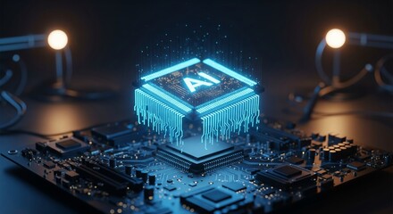 Futuristic AI Chip Illustration Glowing with Data Processing Power