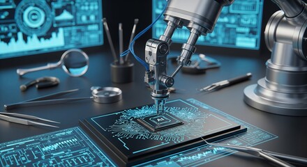 Precision Robotic Arm Assembling AI Chip on Circuit Board Closeup