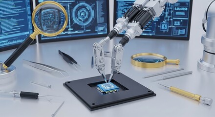 Robotic Arm Assisting CPU Installation and AI Data Processing Scene