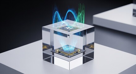 AI Chip Inside a Glass Cube with Abstract Energy Flow Illustration