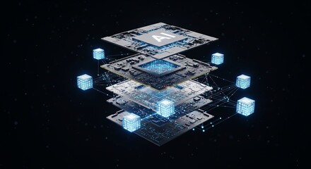 Futuristic AI Chip Design with Glowing Cubes and Circuitry