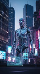 Futuristic Robot Standing in a Neon-Lit Cyberpunk Cityscape