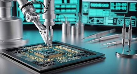 Robotic Arm Assembling a Circuit Board in a High-Tech Environment