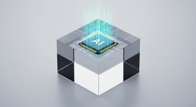 Futuristic AI Chip on Glass Cube with Digital Connections Illustration