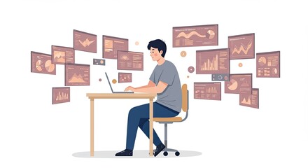 Man working on laptop surrounded by data analytics dashboards illustration