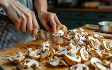 Side view of a chef slicing fresh mushrooms on a wooden cutting board