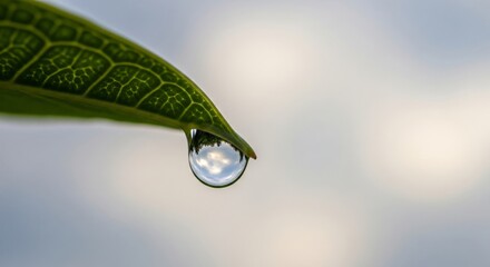 Transparent Water Drop Reflected in Leaf Against Soft Cloudy Background