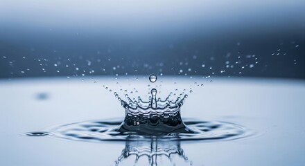 Water Drop Crown Splash Formation with Reflections Isolated Blue Background