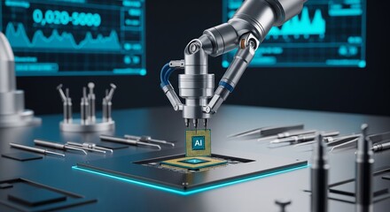 Robotic Arm Assembling AI Chip onto a Circuit Board in a Lab Setting