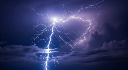 Intense Lightning Strike Illuminates Stormy Sky at Night