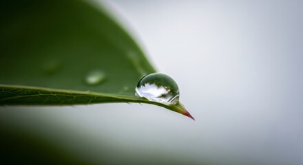 Macro Shot of a Clear Water Droplet on a Green Leaf in Natural Light