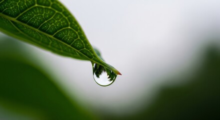 Dewdrop Hanging From Green Leaf Reflecting the Environment