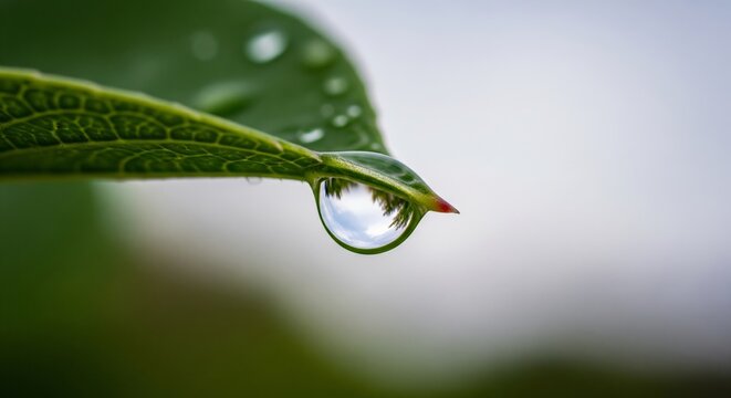 Macro shot of a leaf featuring a clear water droplet reflecting nature.