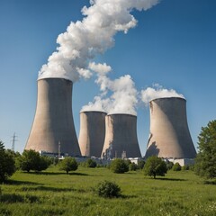A nuclear plant with cooling towers of a nuclear power plant set in a natural, green environment, with a blue sky behind, symbolizing atomic energy. Nuclear energy and its impact on sustainability ...