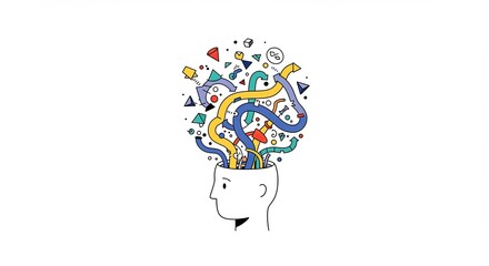 Mind explosion chaos illustration with geometric shapes and head outline