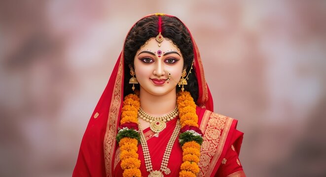Beautiful Indian woman in traditional red sari and gold jewelry