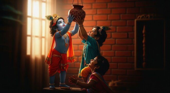 Children dressed as baby Krishna reaching for a pot