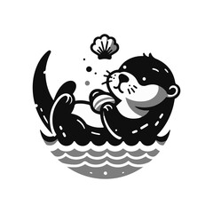 A baby otter floating on its back, balancing a seashell