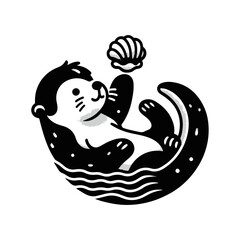 A baby otter floating on its back, balancing a seashell