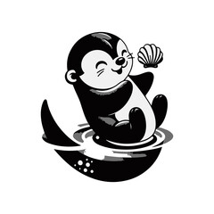 A baby otter floating on its back, balancing a seashell
