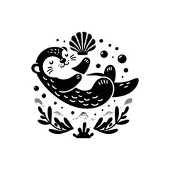 A baby otter floating on its back, balancing a seashell