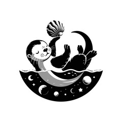 A baby otter floating on its back, balancing a seashell