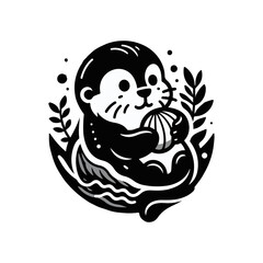 A baby otter floating on its back, balancing a seashell