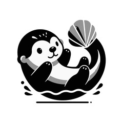 A baby otter floating on its back, balancing a seashell