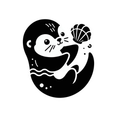 A baby otter floating on its back, balancing a seashell