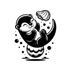 A baby otter floating on its back, balancing a seashell
