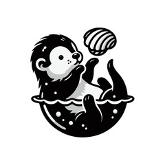 A baby otter floating on its back, balancing a seashell