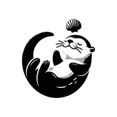 A baby otter floating on its back, balancing a seashell