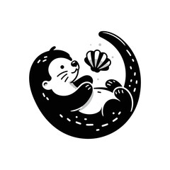 A baby otter floating on its back, balancing a seashell