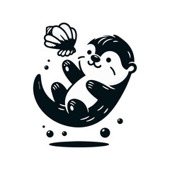 A baby otter floating on its back, balancing a seashell